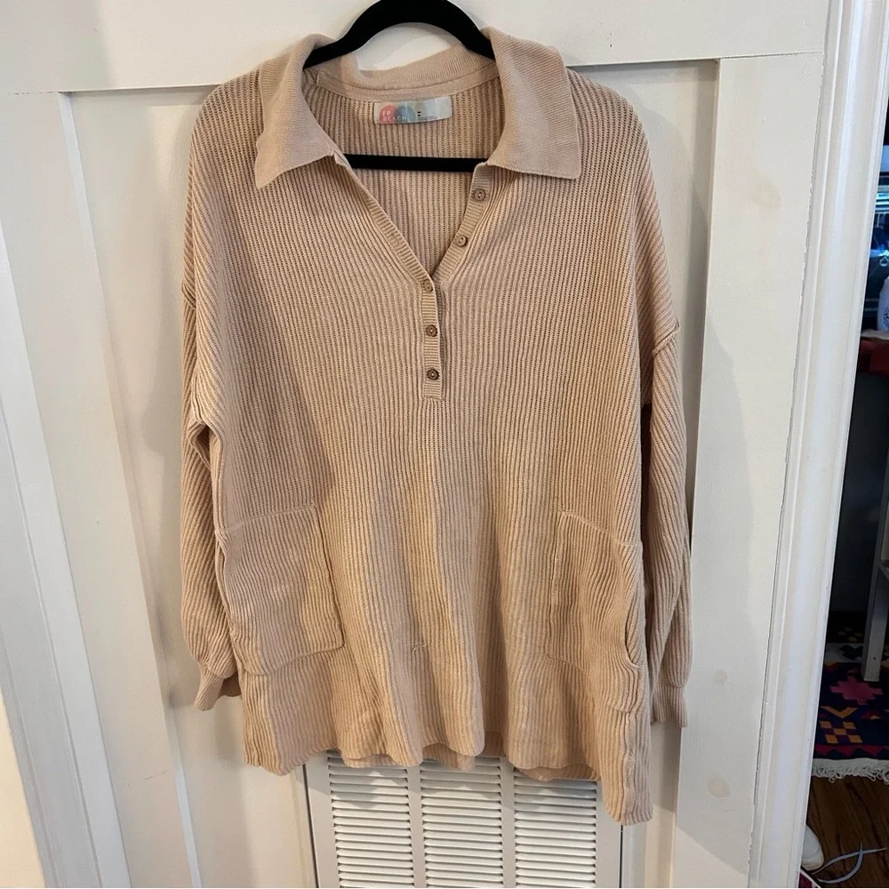 Free People Beige Ribbed Mini Dress tunic sweater Medium